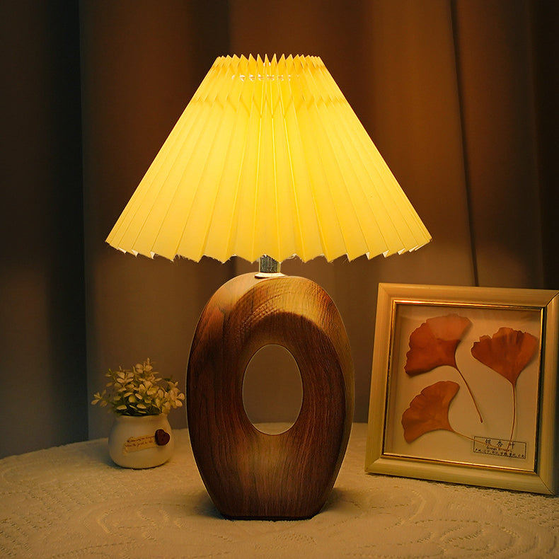 Japanese Pleated Fabric Shade LED Table Lamp with Wood Grain Ceramic Base - USB Powered