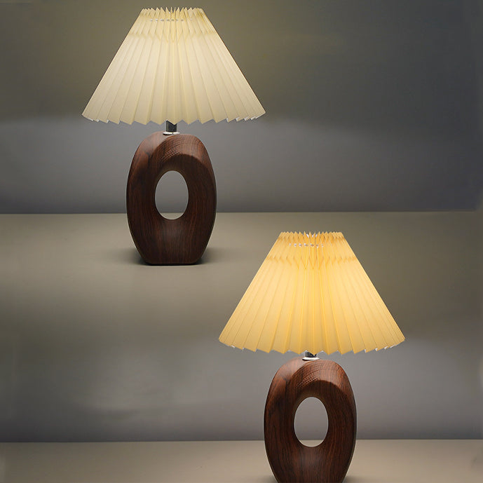Japanese Pleated Fabric Shade LED Table Lamp with Wood Grain Ceramic Base - USB Powered