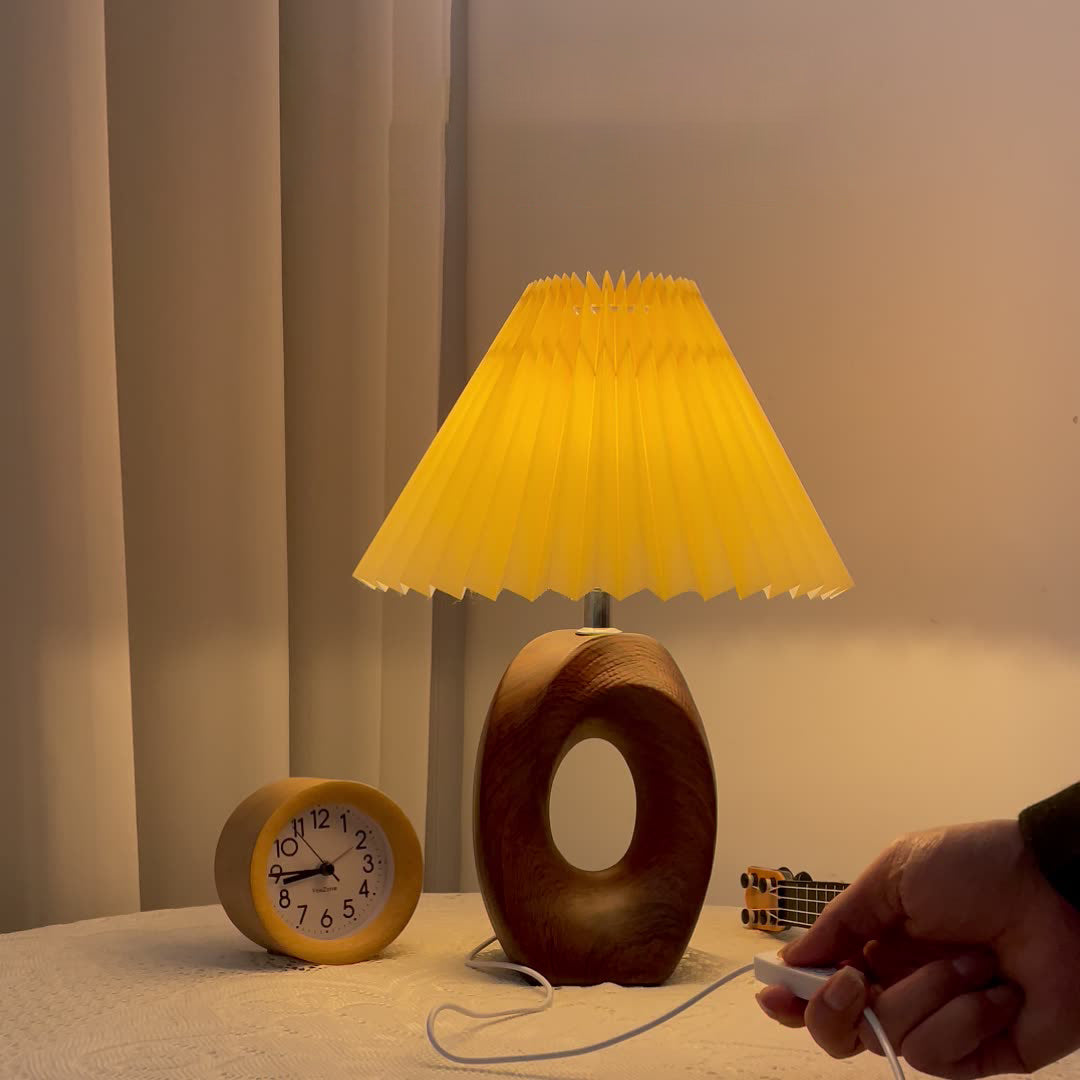 Japanese Pleated Fabric Shade LED Table Lamp with Wood Grain Ceramic Base - USB Powered