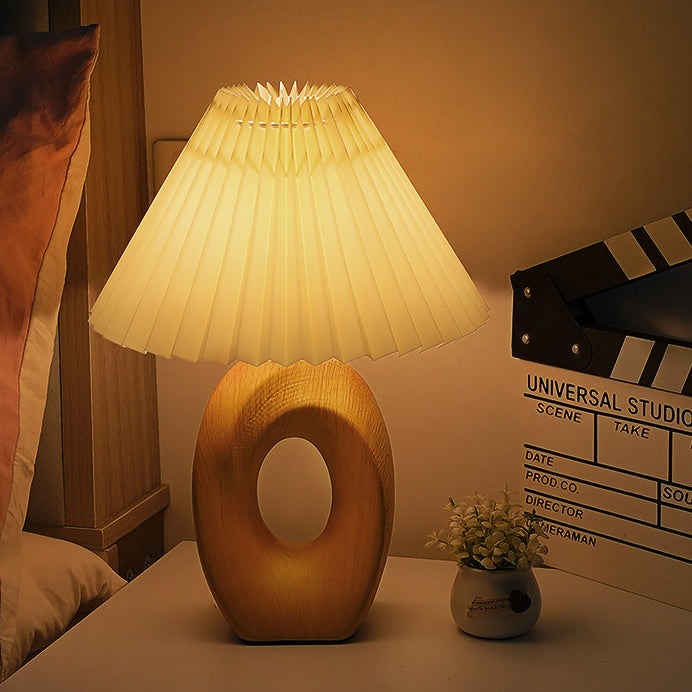 Japanese Pleated Fabric Shade LED Table Lamp with Wood Grain Ceramic Base - USB Powered