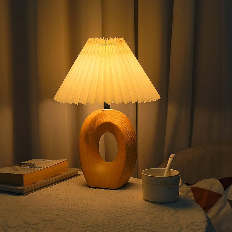Japanese Pleated Fabric Shade LED Table Lamp with Wood Grain Ceramic Base - USB Powered
