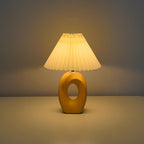 Japanese Pleated Fabric Shade LED Table Lamp with Wood Grain Ceramic Base - USB Powered