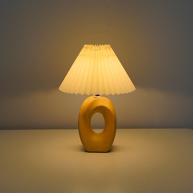 Japanese Pleated Fabric Shade LED Table Lamp with Wood Grain Ceramic Base - USB Powered