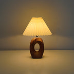 Japanese Pleated Fabric Shade LED Table Lamp with Wood Grain Ceramic Base - USB Powered