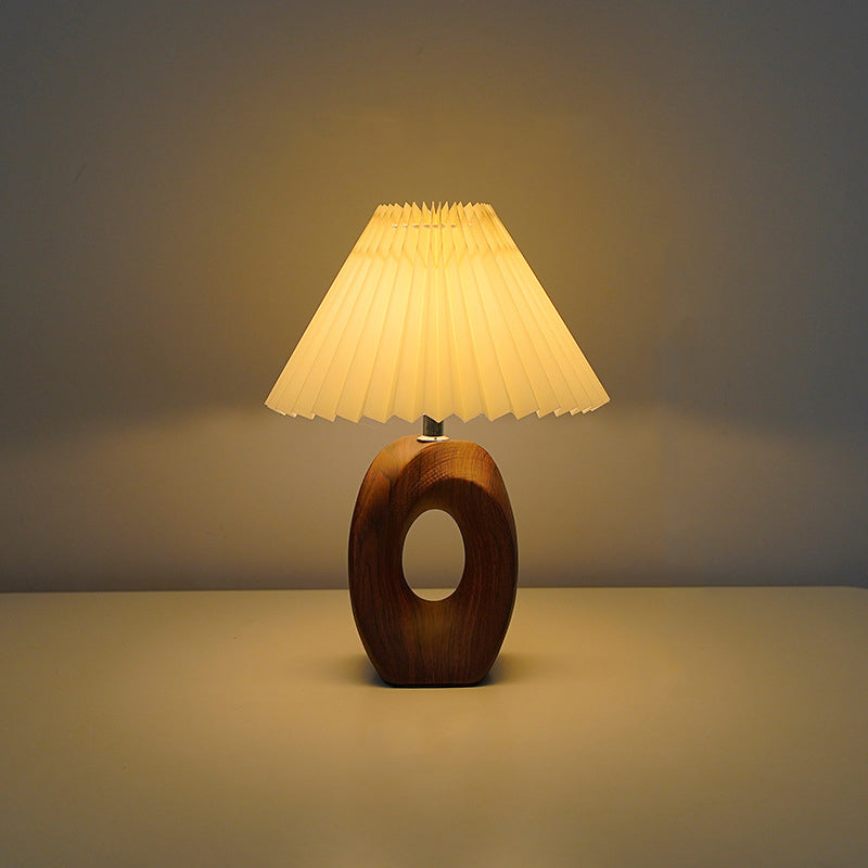Japanese Pleated Fabric Shade LED Table Lamp with Wood Grain Ceramic Base - USB Powered