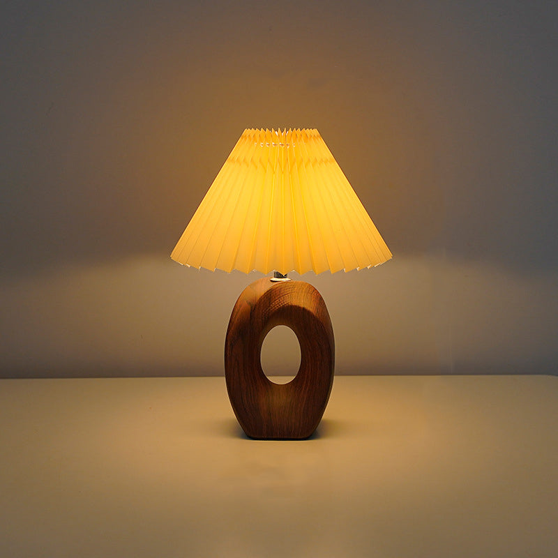 Japanese Pleated Fabric Shade LED Table Lamp with Wood Grain Ceramic Base - USB Powered