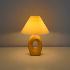 Japanese Pleated Fabric Shade LED Table Lamp with Wood Grain Ceramic Base - USB Powered