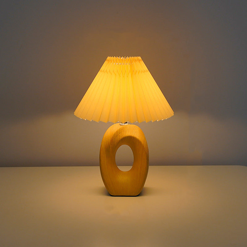 Japanese Pleated Fabric Shade LED Table Lamp with Wood Grain Ceramic Base - USB Powered