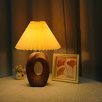 Japanese Pleated Fabric Shade LED Table Lamp with Wood Grain Ceramic Base - USB Powered