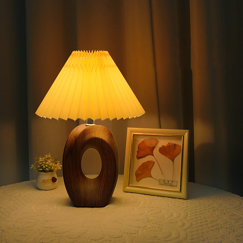 Japanese Pleated Fabric Shade LED Table Lamp with Wood Grain Ceramic Base - USB Powered