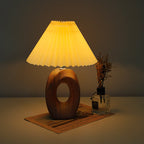 Japanese Pleated Fabric Shade LED Table Lamp with Wood Grain Ceramic Base - USB Powered