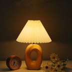 Japanese Pleated Fabric Shade LED Table Lamp with Wood Grain Ceramic Base - USB Powered