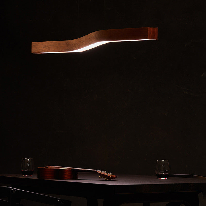 Minimalist Rectangular Wood Grain LED Chandelier for Dining Room
