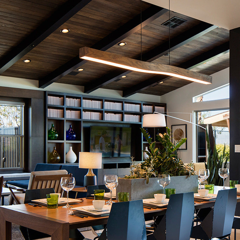 Minimalist Rectangular Wood Grain LED Chandelier for Dining Room