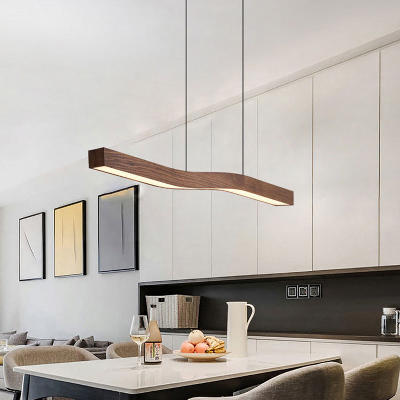 Minimalist Rectangular Wood Grain LED Chandelier for Dining Room