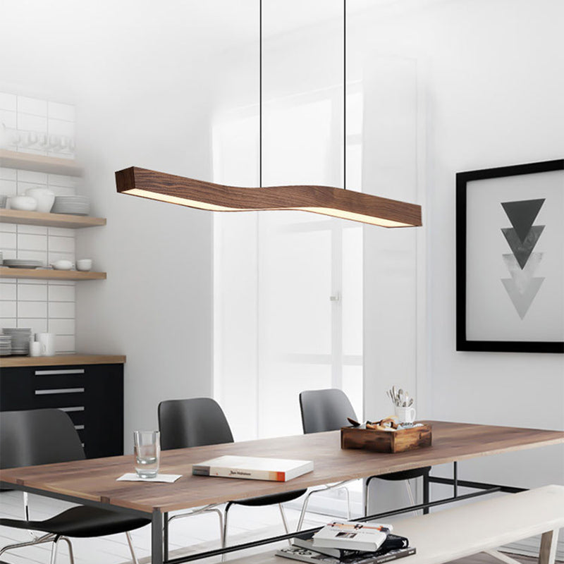 Minimalist Rectangular Wood Grain LED Chandelier for Dining Room