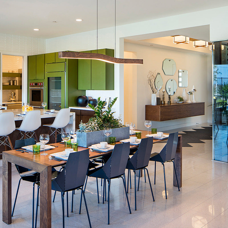 Minimalist Rectangular Wood Grain LED Chandelier for Dining Room