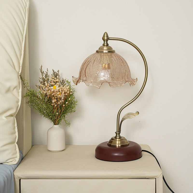 Mid-Century Modern Floral Iron and Glass 1-Light Table Lamp for Bedroom