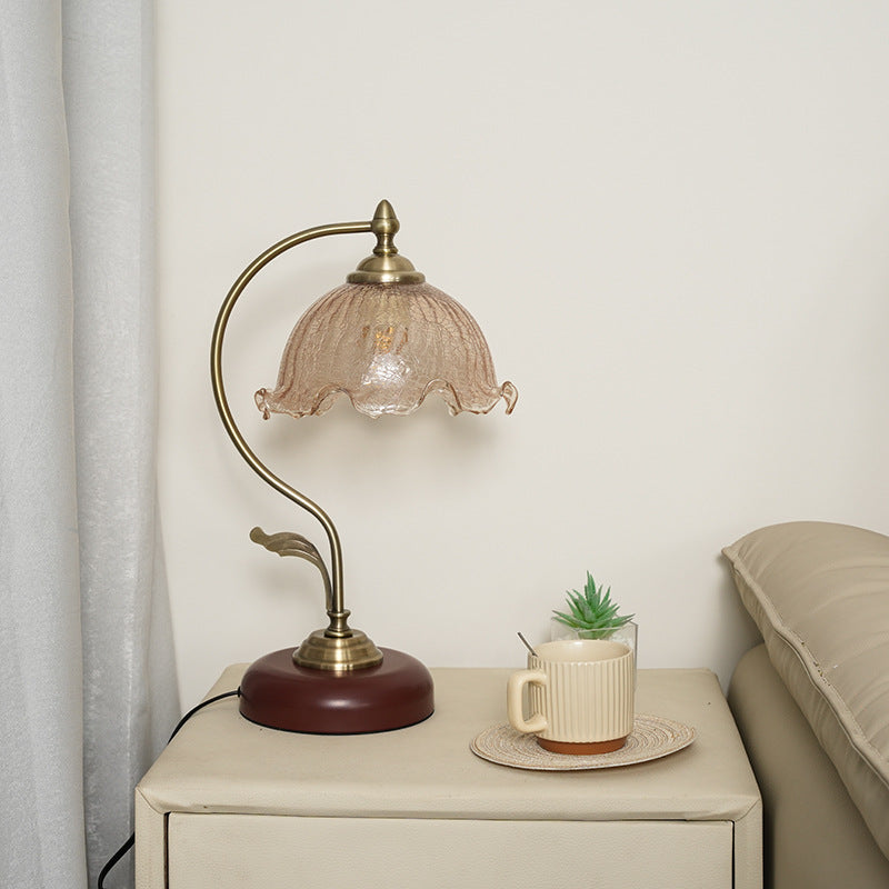 Mid-Century Modern Floral Iron and Glass 1-Light Table Lamp for Bedroom