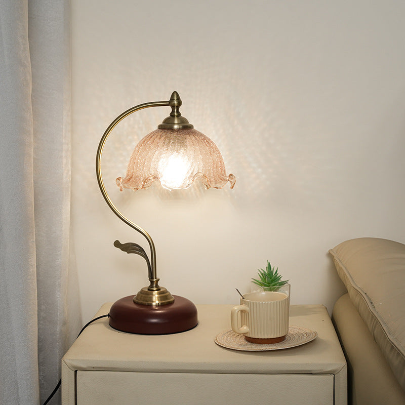 Mid-Century Modern Floral Iron and Glass 1-Light Table Lamp for Bedroom
