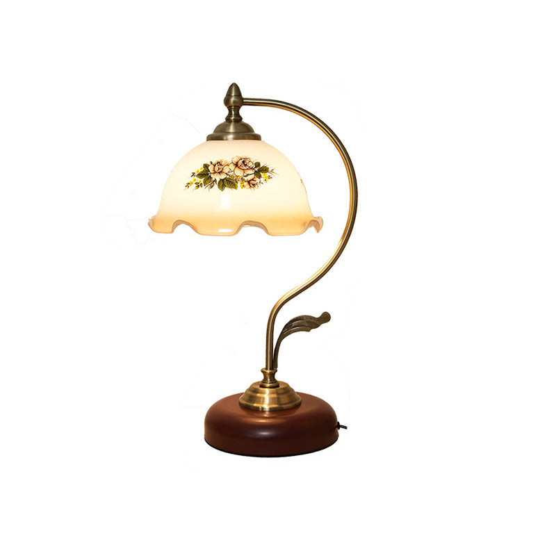 Mid-Century Modern Floral Iron and Glass 1-Light Table Lamp for Bedroom