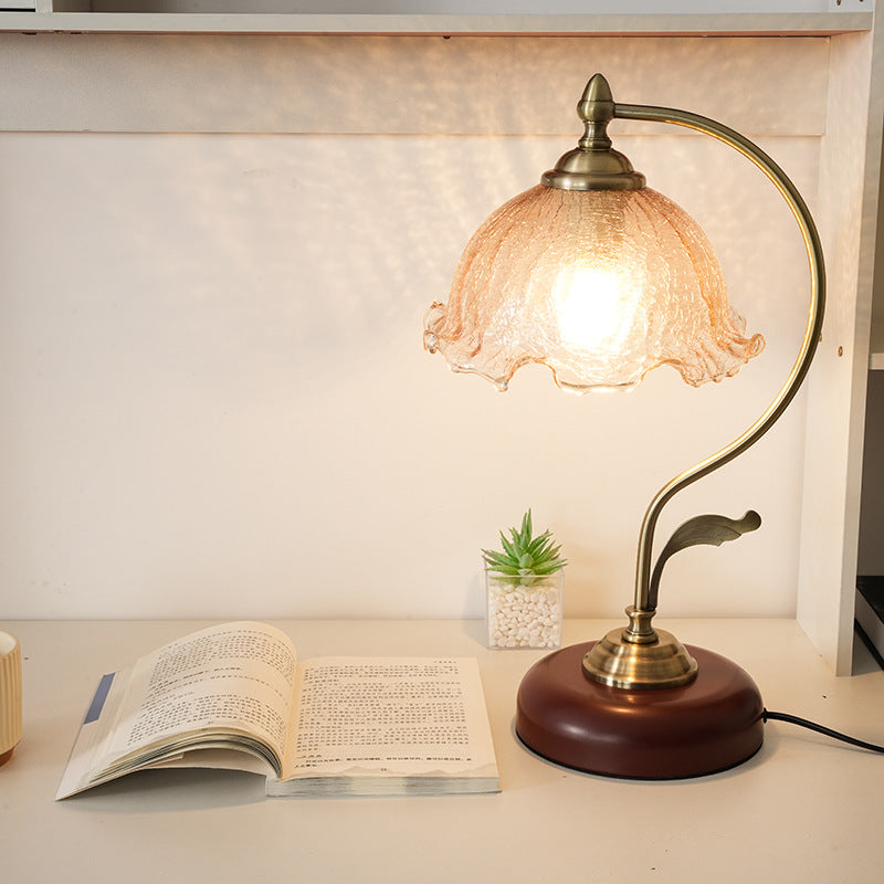 Mid-Century Modern Floral Iron and Glass 1-Light Table Lamp for Bedroom