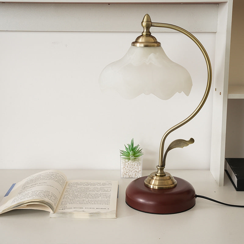 Mid-Century Modern Floral Iron and Glass 1-Light Table Lamp for Bedroom