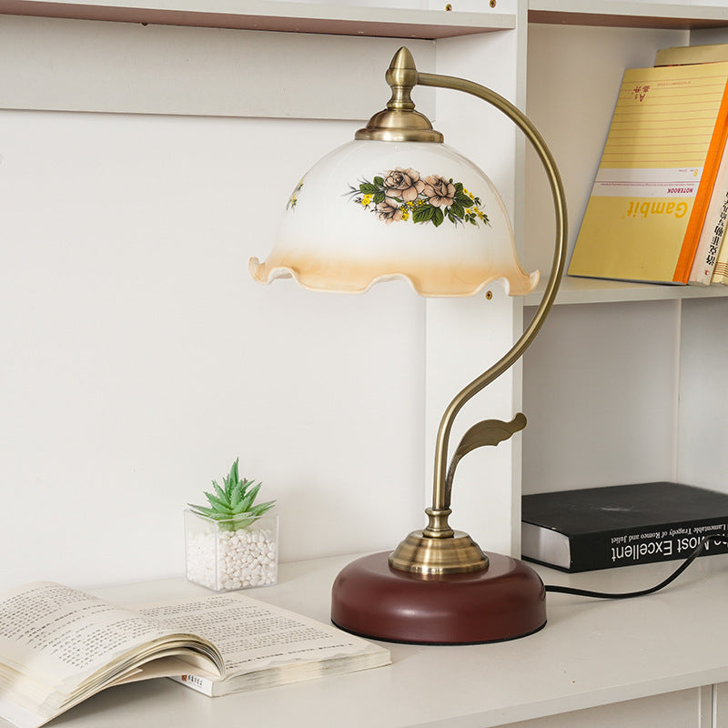 Mid-Century Modern Floral Iron and Glass 1-Light Table Lamp for Bedroom