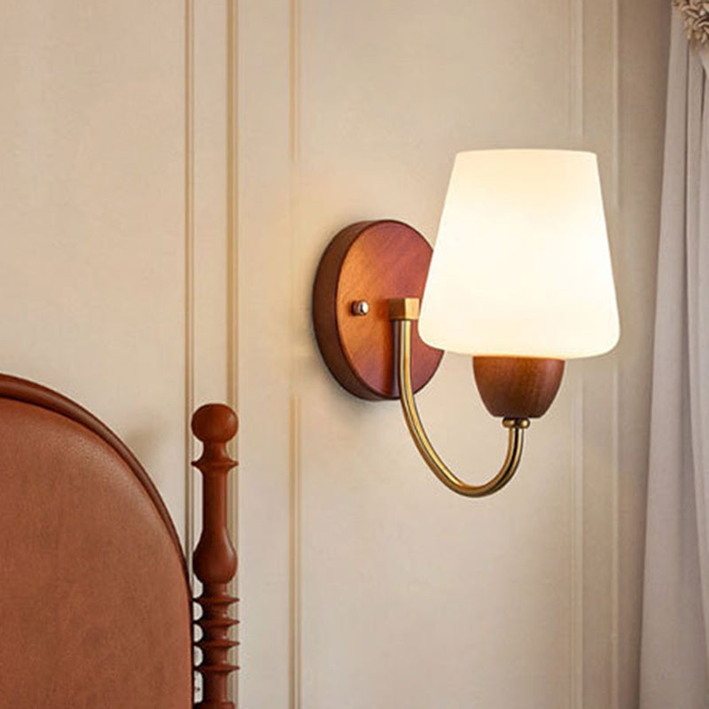 Vintage Solid Wood and Iron Wall Sconce with Glass Shade
