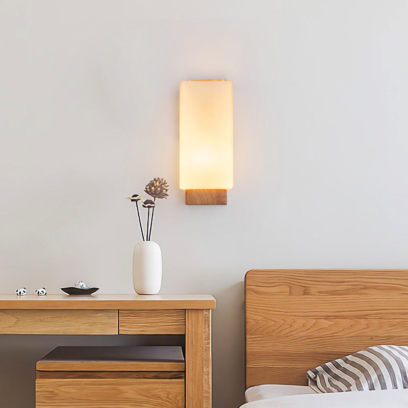 Japanese Rectangle Glass & Wood Wall Sconce