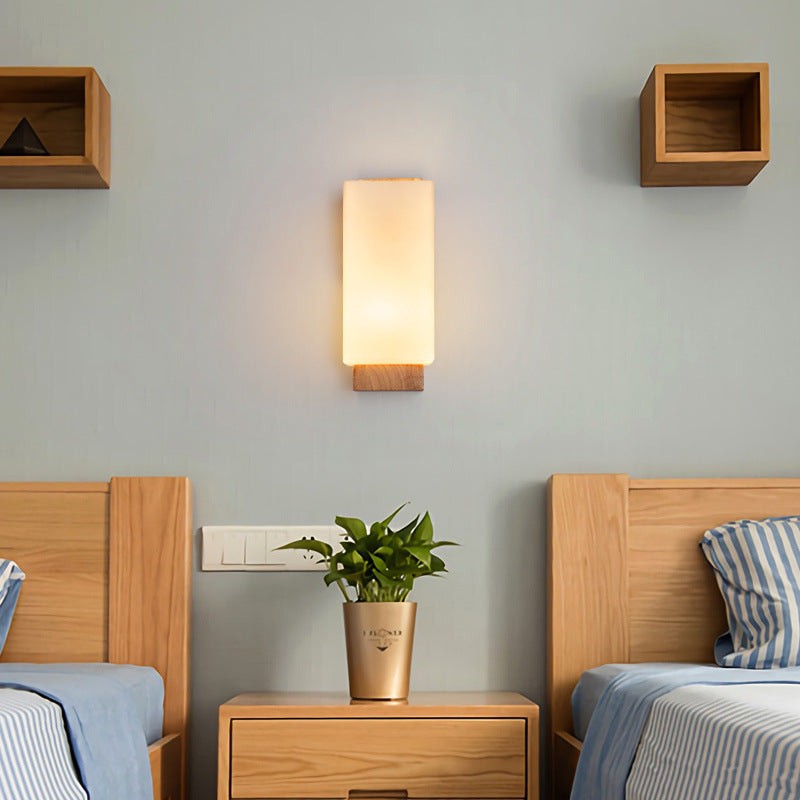 Japanese Rectangle Glass & Wood Wall Sconce