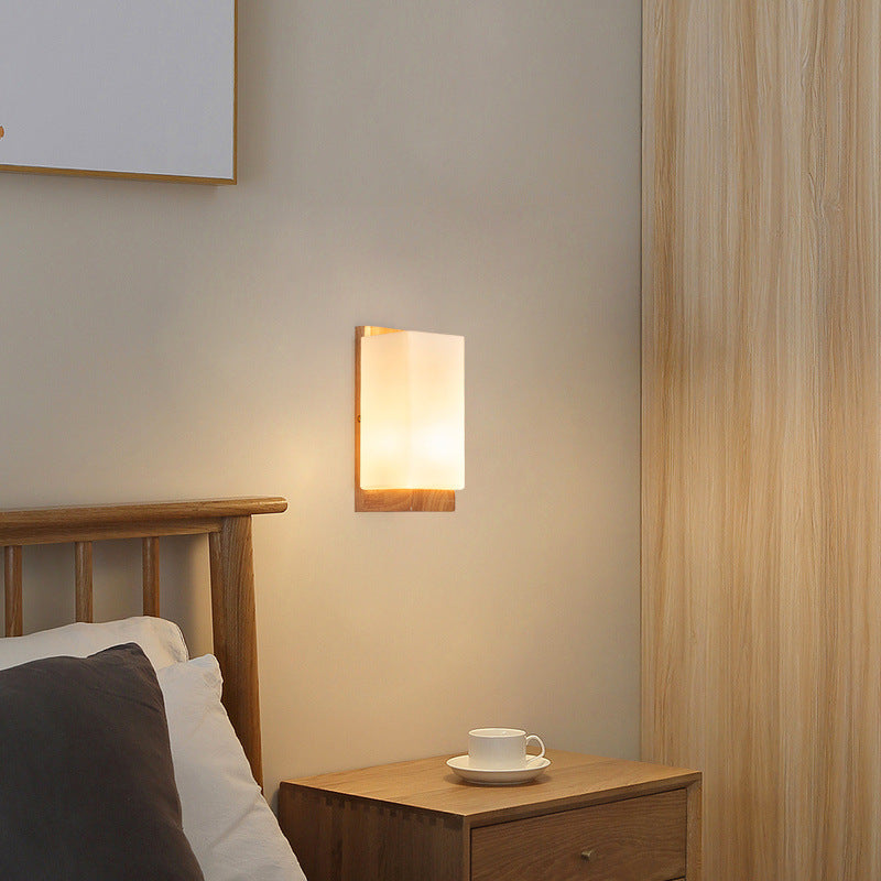 Japanese Rectangle Glass & Wood Wall Sconce