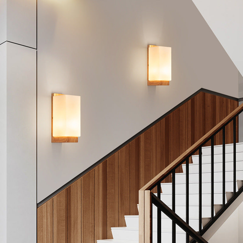 Japanese Rectangle Glass & Wood Wall Sconce
