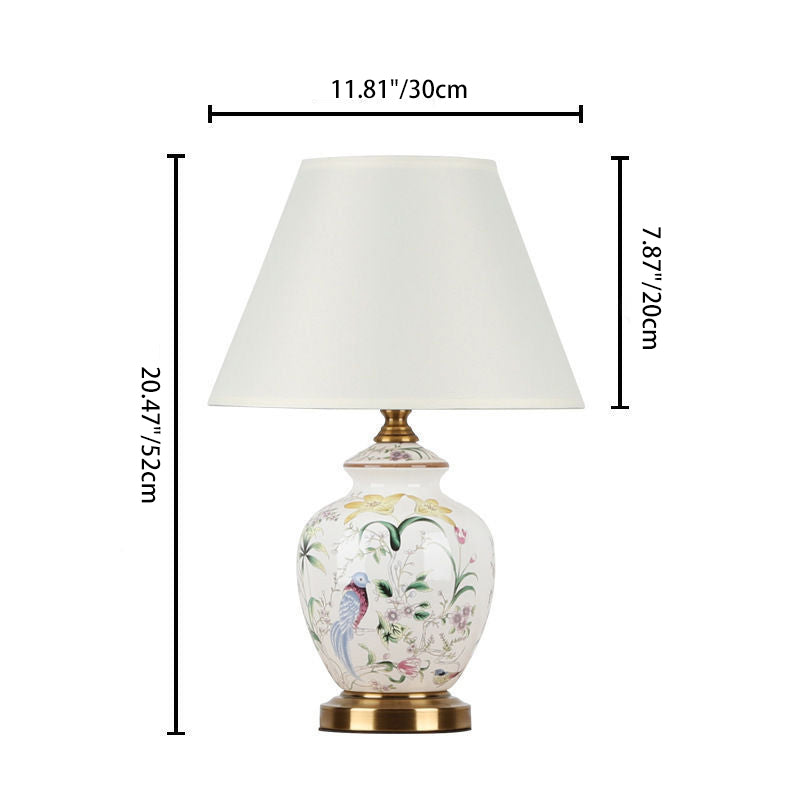 Scalloped Round Ceramic Table Lamp with Traditional Chinese Bird Pattern