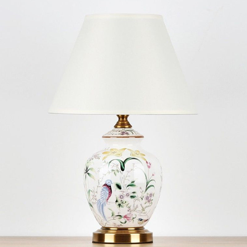 Scalloped Round Ceramic Table Lamp with Traditional Chinese Bird Pattern