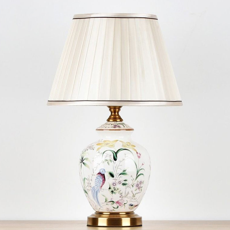 Scalloped Round Ceramic Table Lamp with Traditional Chinese Bird Pattern