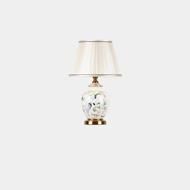 Scalloped Round Ceramic Table Lamp with Traditional Chinese Bird Pattern