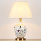 Scalloped Round Ceramic Table Lamp with Traditional Chinese Bird Pattern