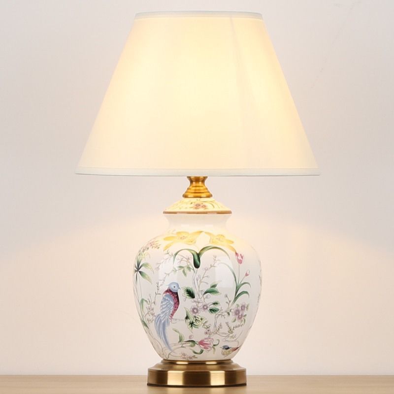 Scalloped Round Ceramic Table Lamp with Traditional Chinese Bird Pattern