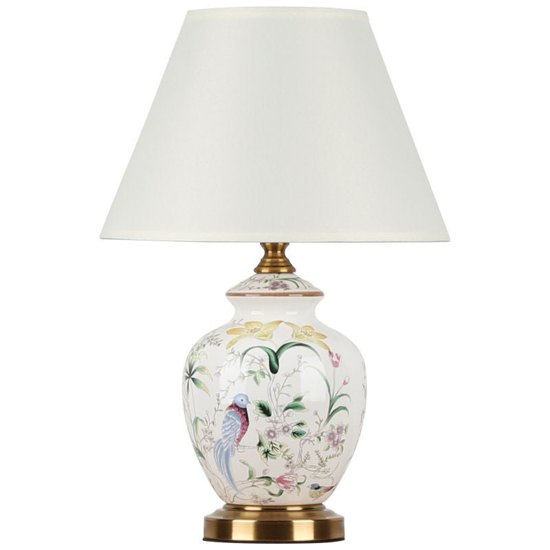 Scalloped Round Ceramic Table Lamp with Traditional Chinese Bird Pattern