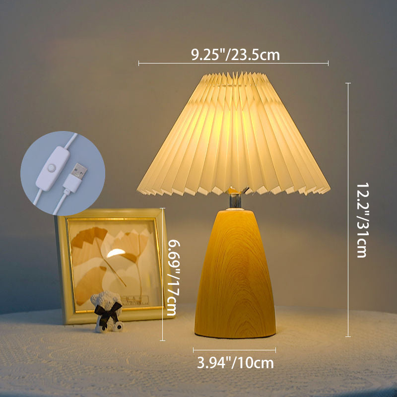 Vintage Scalloped Pleated Cone LED Table Lamp - Wood Base for Living Room