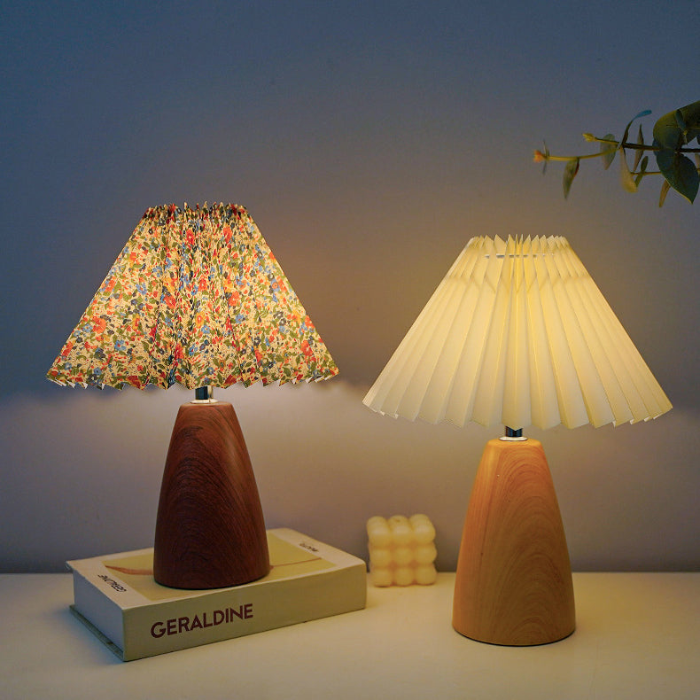 Vintage Scalloped Pleated Cone LED Table Lamp - Wood Base for Living Room