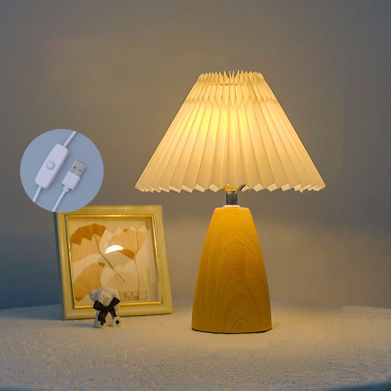 Vintage Scalloped Pleated Cone LED Table Lamp - Wood Base for Living Room