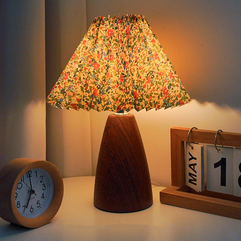 Vintage Scalloped Pleated Cone LED Table Lamp - Wood Base for Living Room