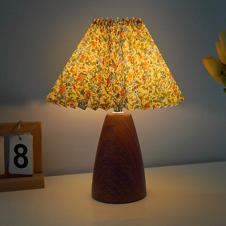 Vintage Scalloped Pleated Cone LED Table Lamp - Wood Base for Living Room