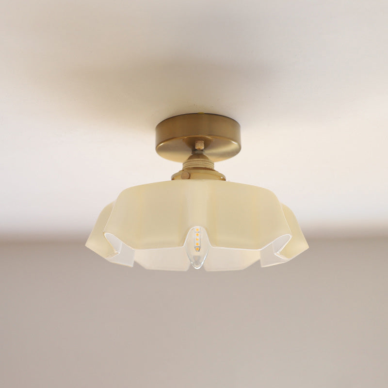 French Brass and Glass Round Semi-Flush Mount Ceiling Light - 1-Light Design for Hallways