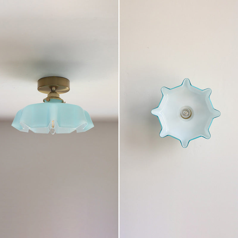 French Brass and Glass Round Semi-Flush Mount Ceiling Light - 1-Light Design for Hallways