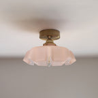 French Brass and Glass Round Semi-Flush Mount Ceiling Light - 1-Light Design for Hallways