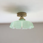French Brass and Glass Round Semi-Flush Mount Ceiling Light - 1-Light Design for Hallways
