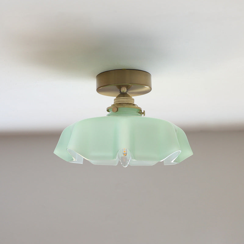 French Brass and Glass Round Semi-Flush Mount Ceiling Light - 1-Light Design for Hallways